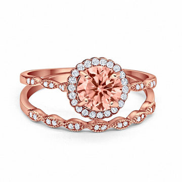 Two Piece Engagement Ring Rose Tone, Simulated Morganite CZ 925 Sterling Silver